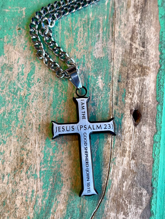 Black and Silver Iron Cross Psalm 23 24” Necklace