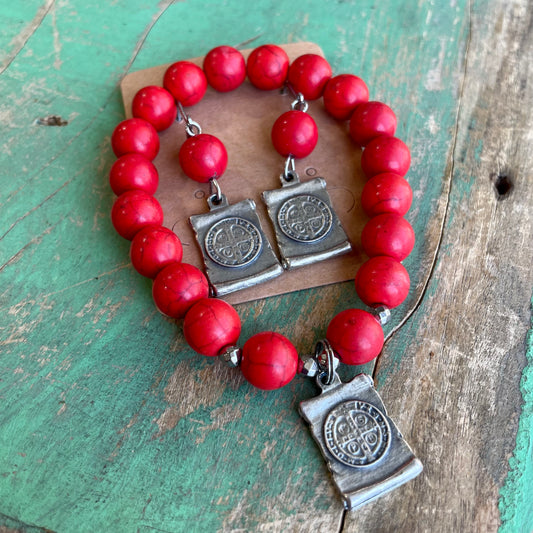 Red St Benedict Bracelet and Earrings