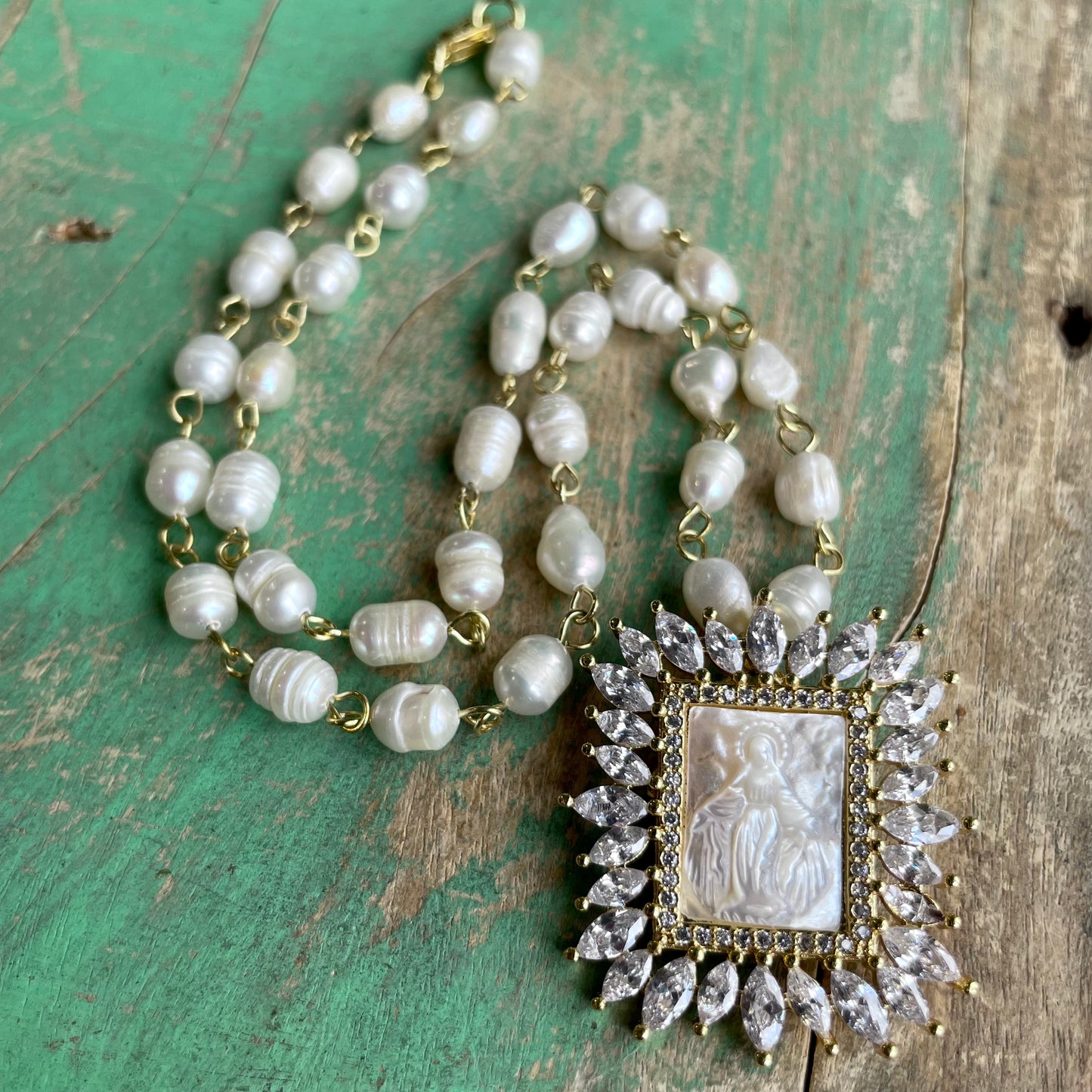 Our Lady of Grace Shell CZ FW Pearl Necklace