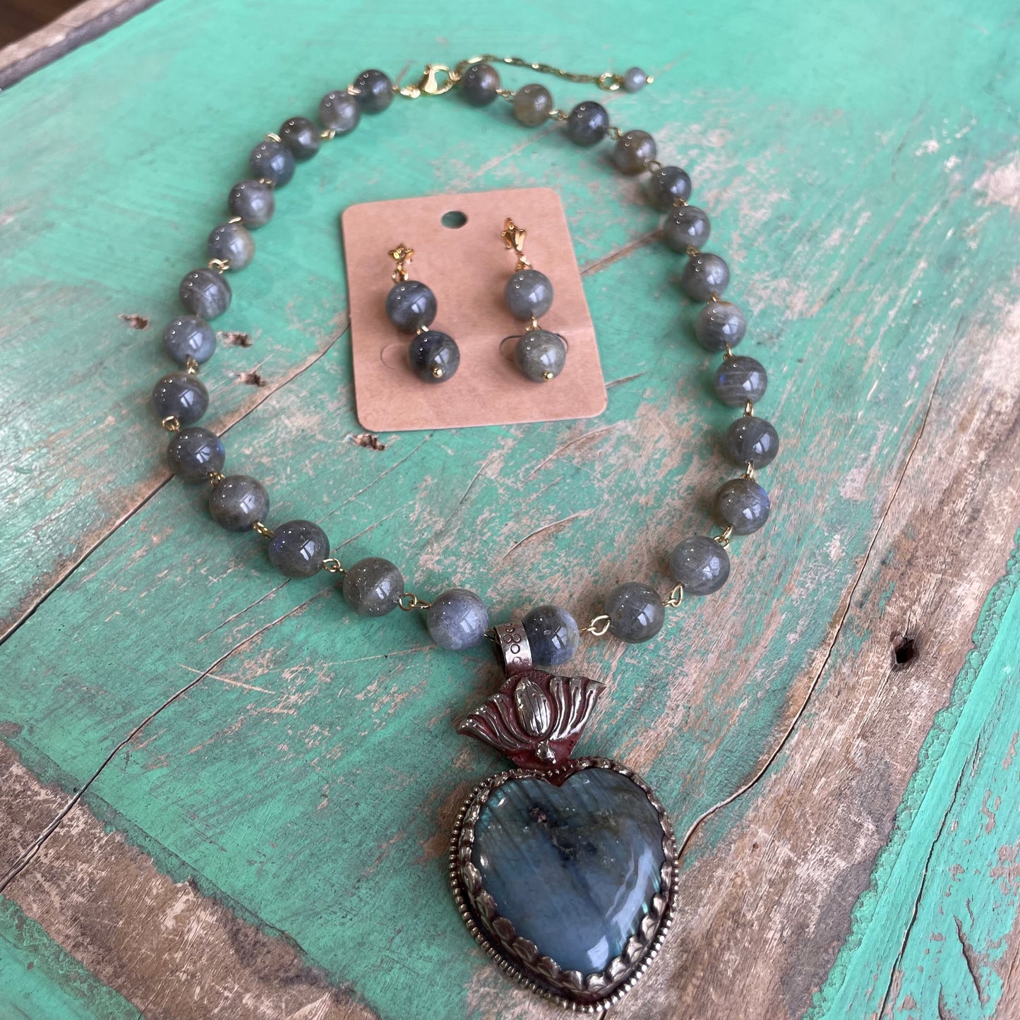 Grey and Gold Labradorite Sacred Heart Necklace and Earrings