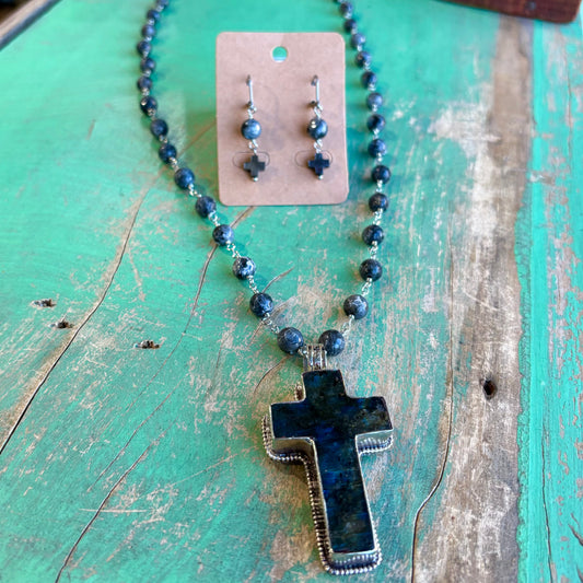 Labradorite Cross Long Necklace or Earrings