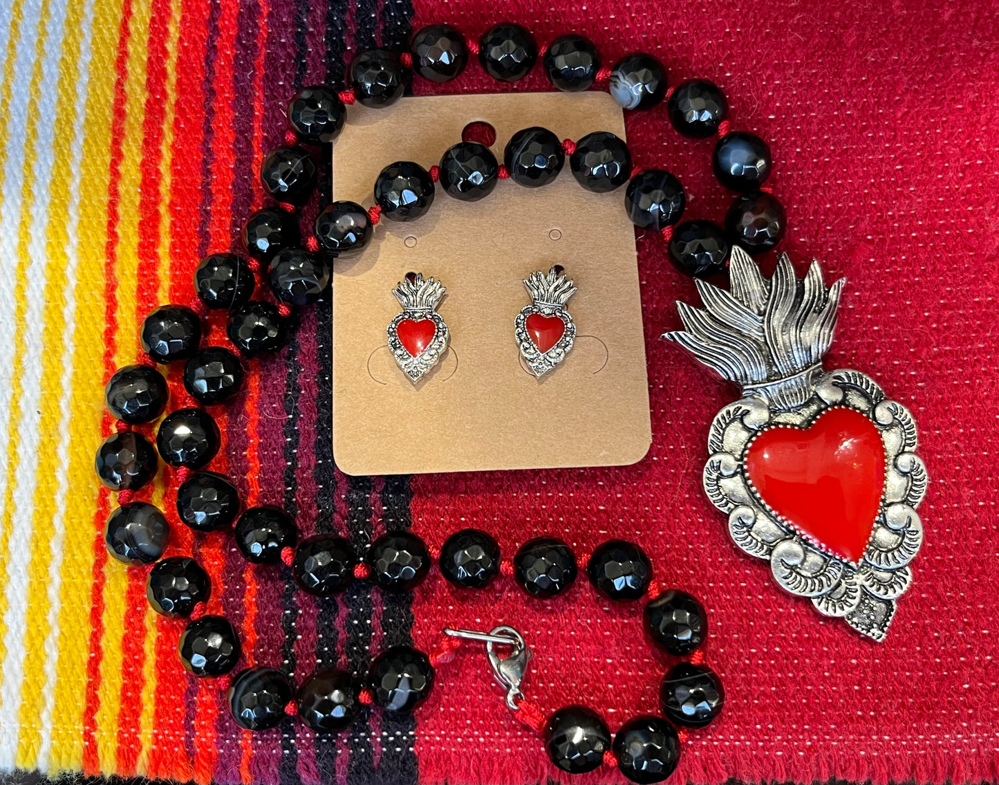 Flaming Sacred Heart Agate Necklace and Earrings