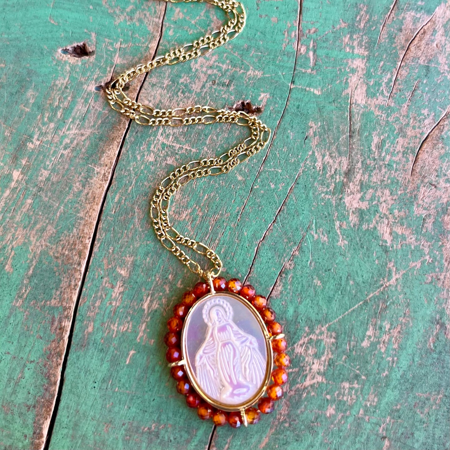 Figaro Chain with Oval Our Lady of Grace Mother of Pearl Beaded Pendant