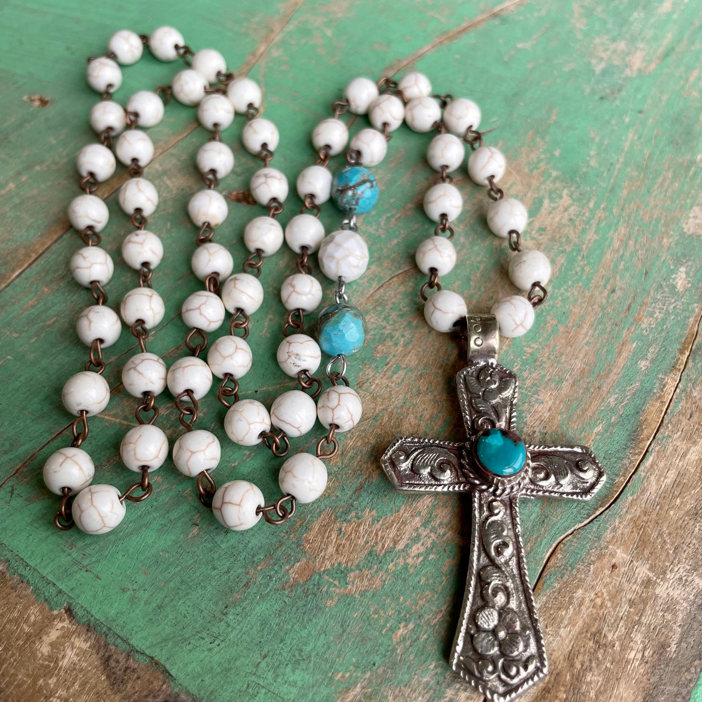 Long Beige and Turquoise Faith Necklace