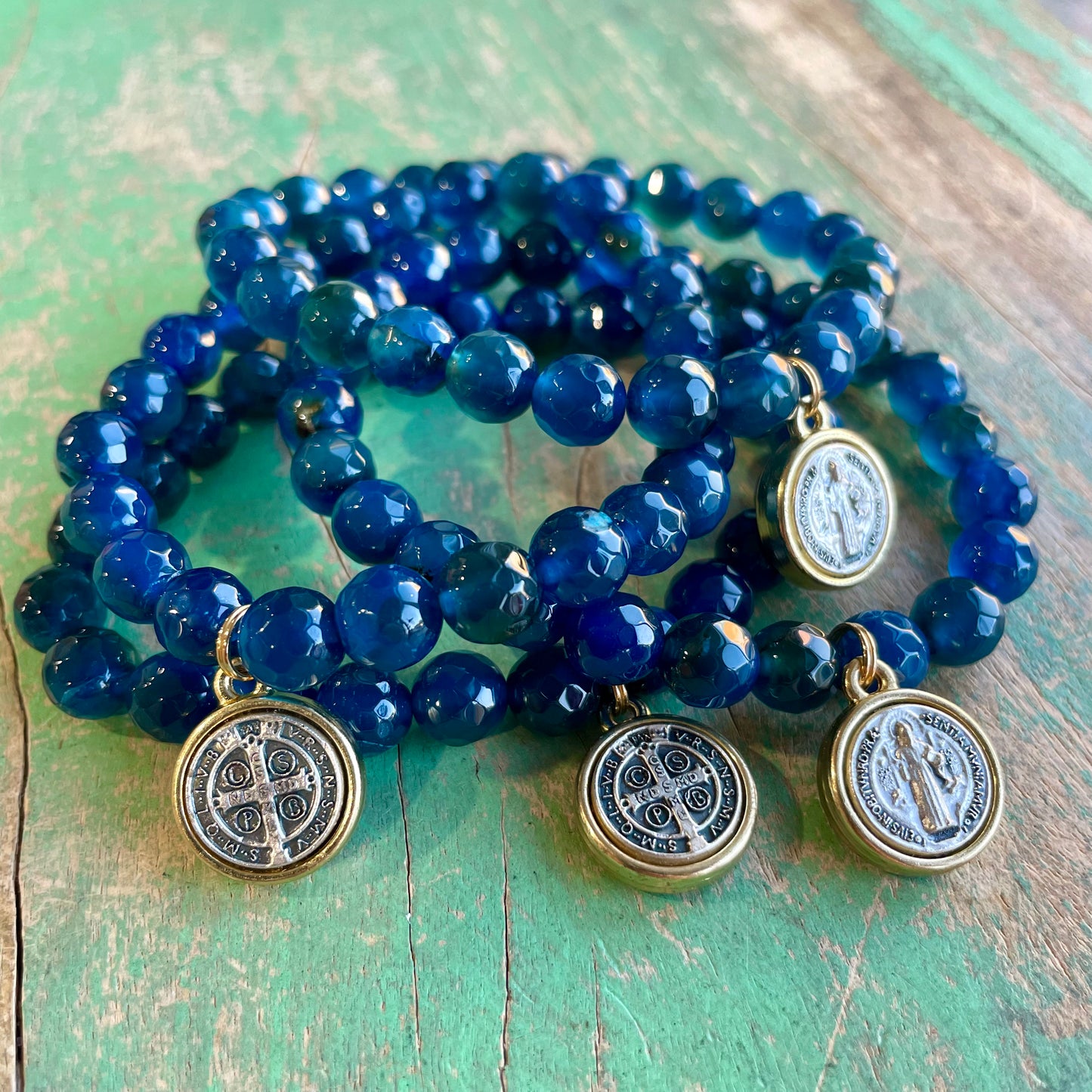 Blue Agate Two Tone St Benedict Bracelet