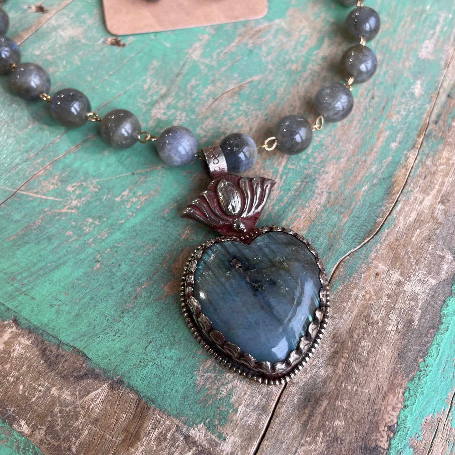 Grey and Gold Labradorite Sacred Heart Necklace and Earrings