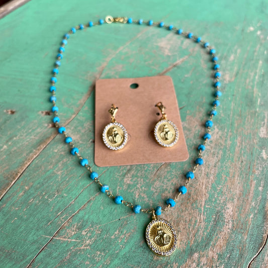 Turquoise Our Lady of Grace Necklace and Earrings