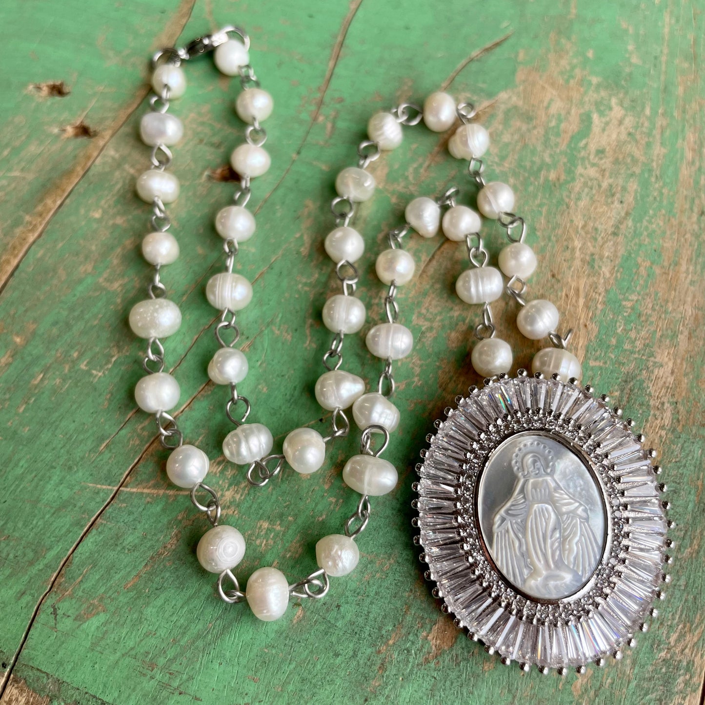 Our Lady of Grace Shell CZ FW Pearl Necklace