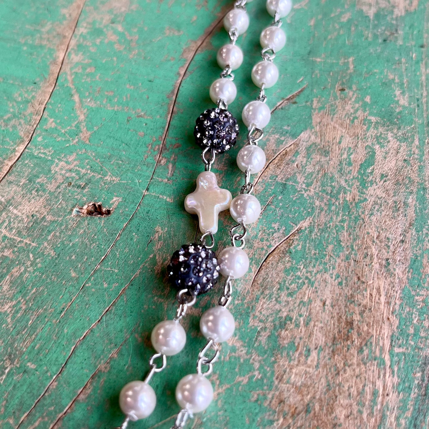 Pave Cross Long Freshwater Pearl Necklace and Earrings