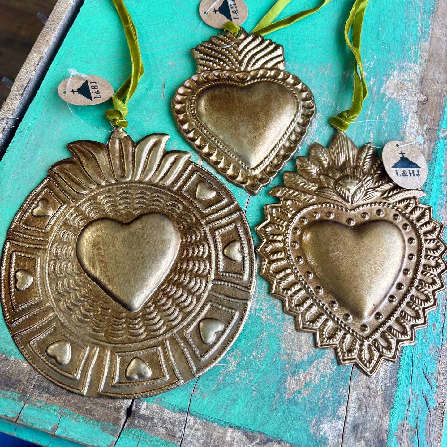 Gold Sacred Heart Tin Ornaments