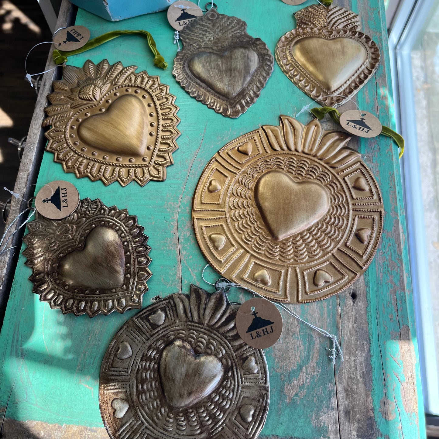 Gold Sacred Heart Tin Ornaments