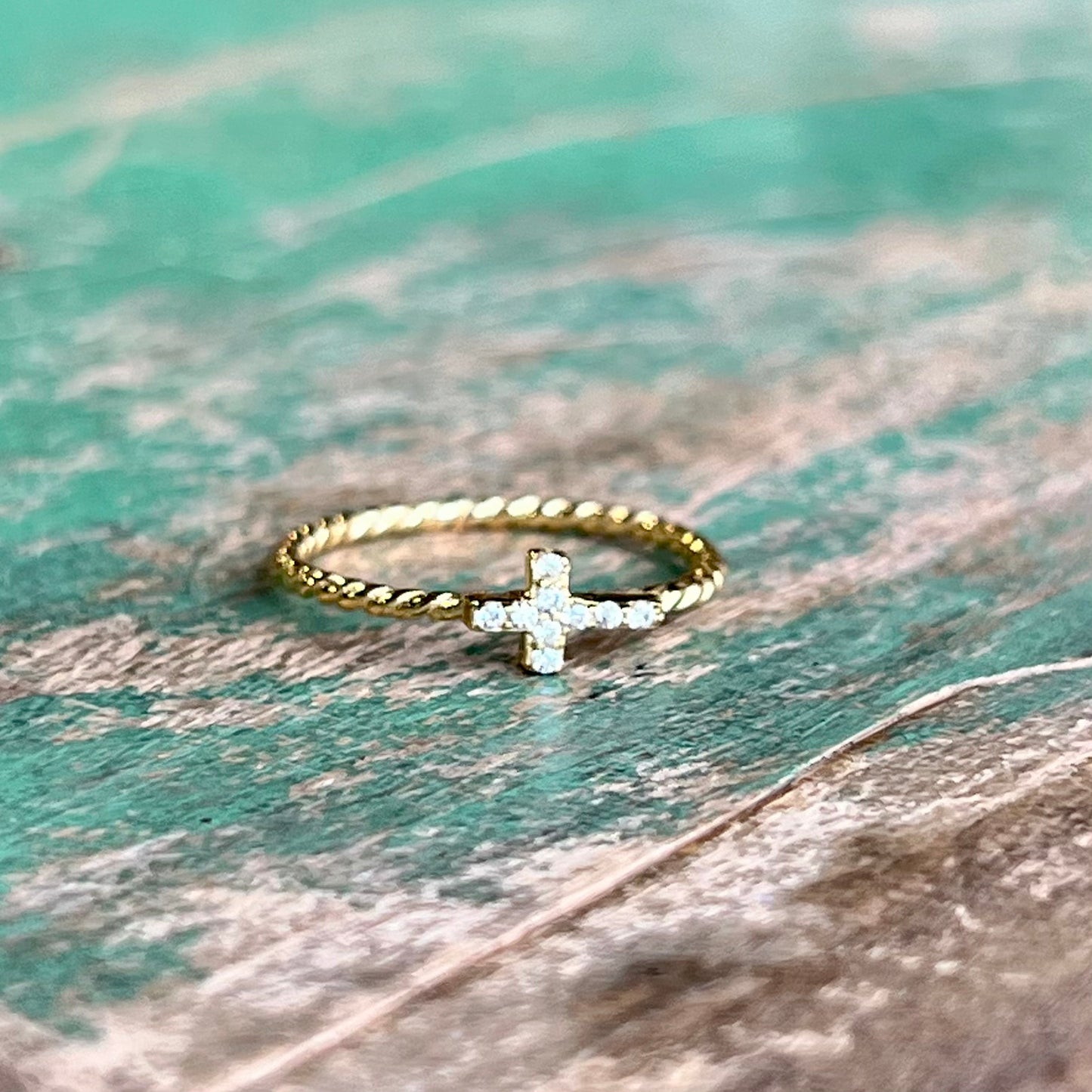 Gold Mini CZ Side Cross Ring