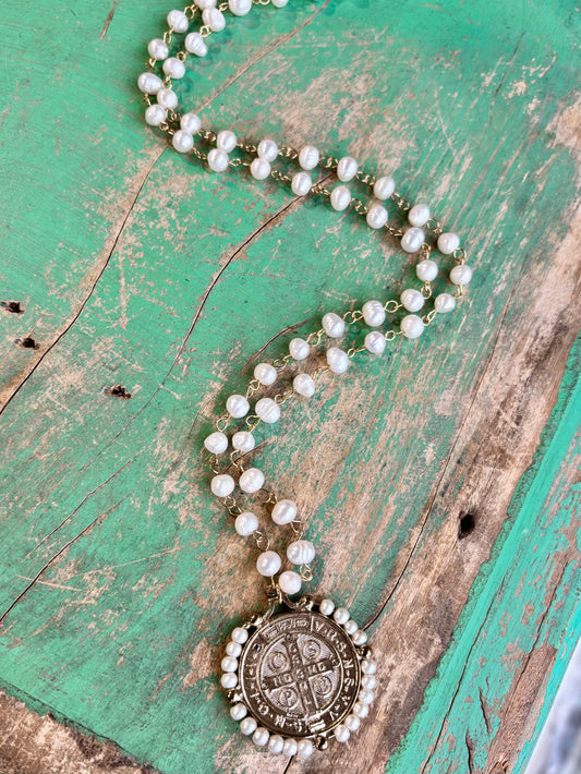 Long Pearl Gold St Benedict Necklace