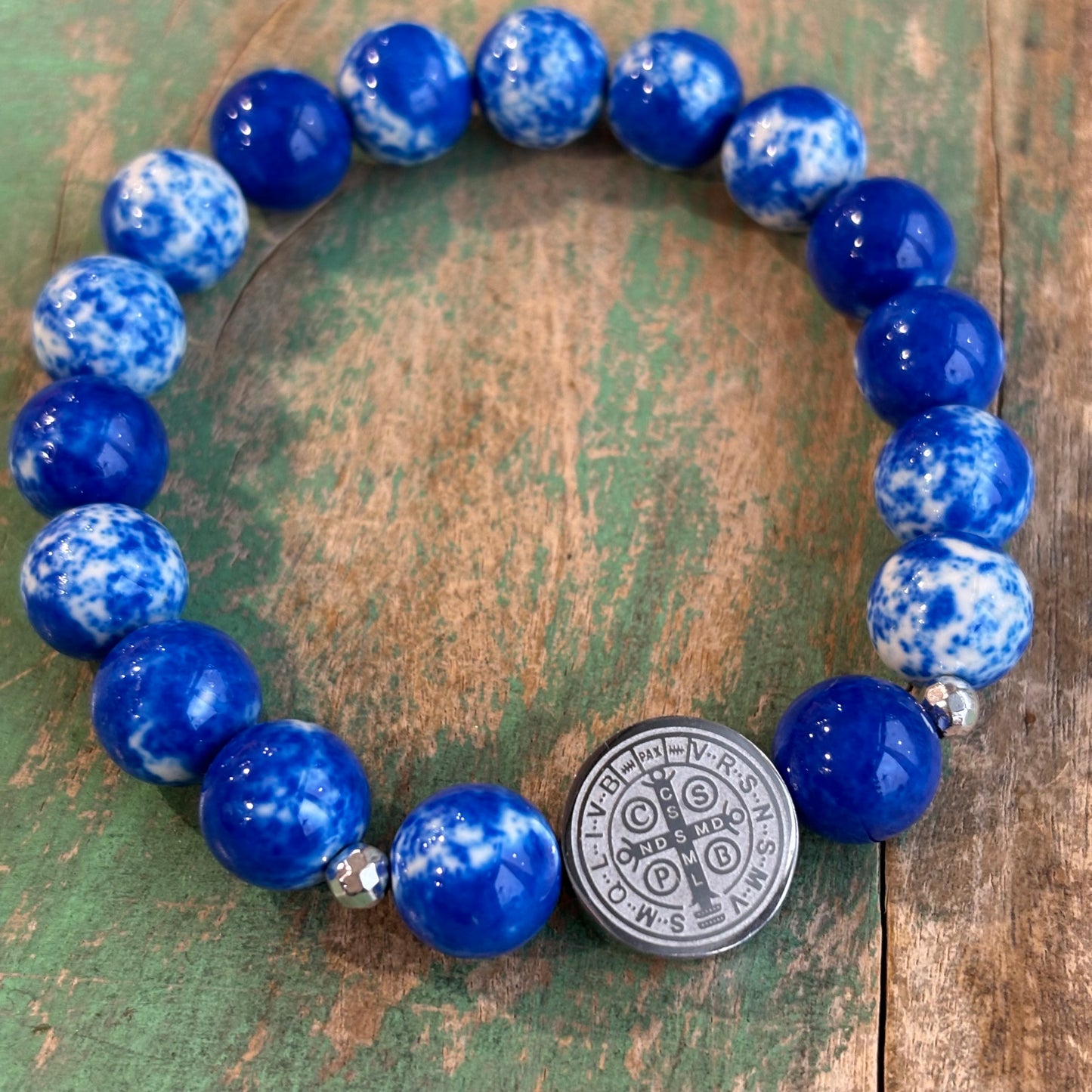 Blue Marbled St Benedict Bracelet