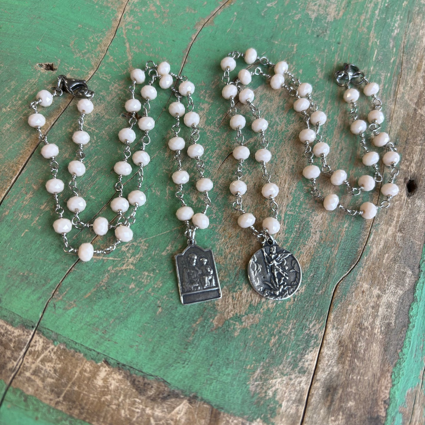 White Cream Beaded Saint Necklace