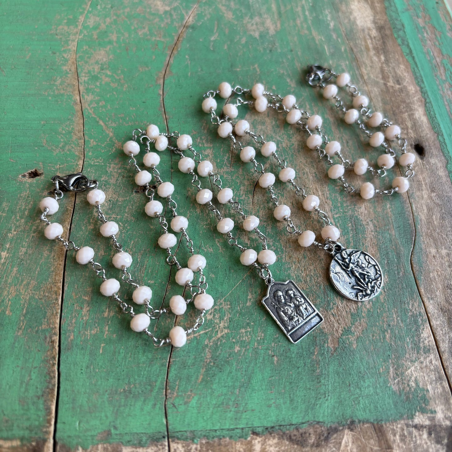 White Cream Beaded Saint Necklace