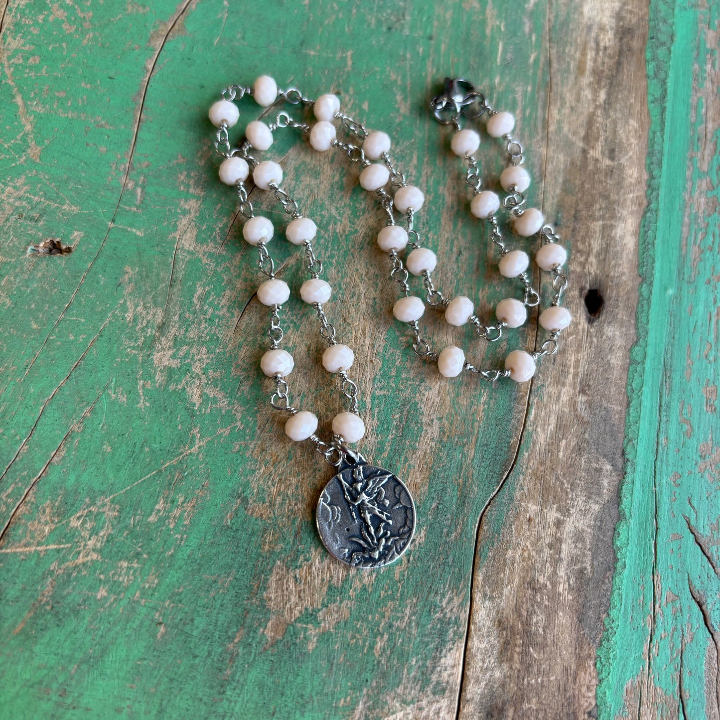 White Cream Beaded Saint Necklace