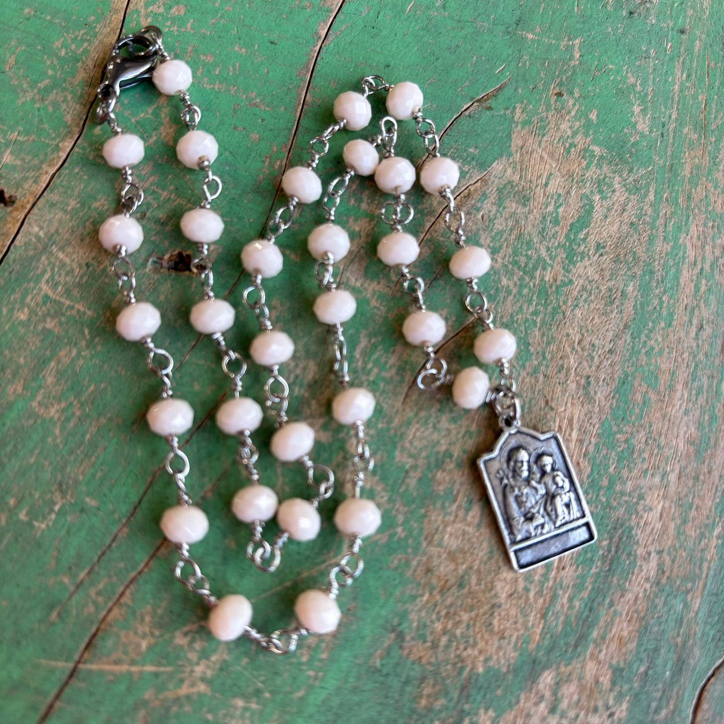 White Cream Beaded Saint Necklace