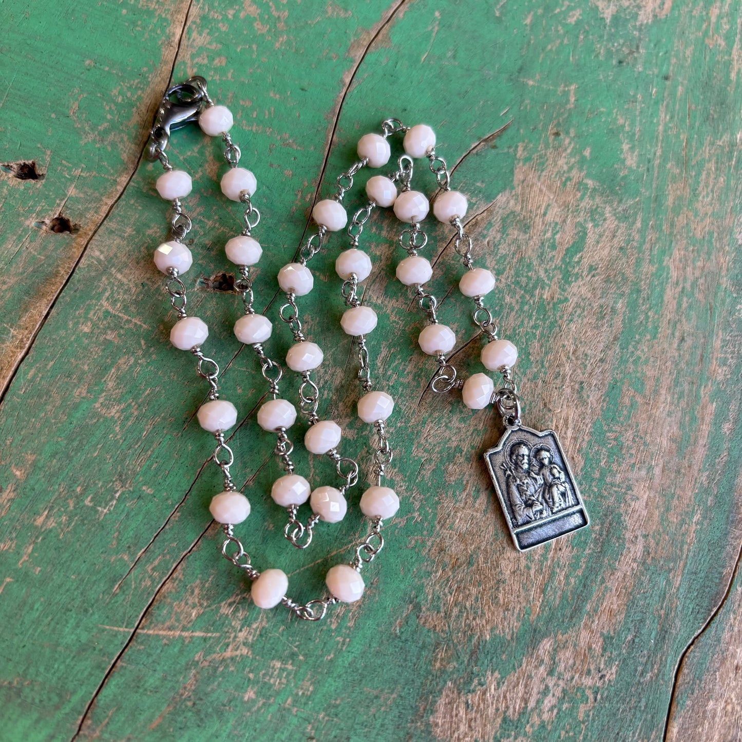 White Cream Beaded Saint Necklace