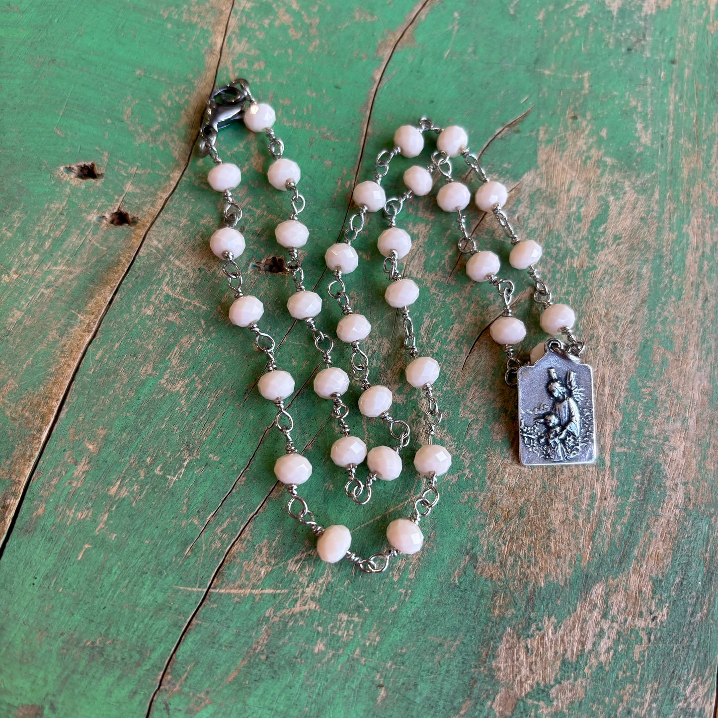 White Cream Beaded Saint Necklace