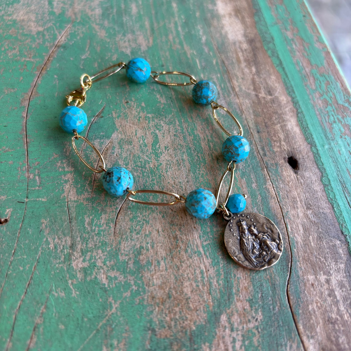 Turquoise Gold Bronze Scapular Bracelet