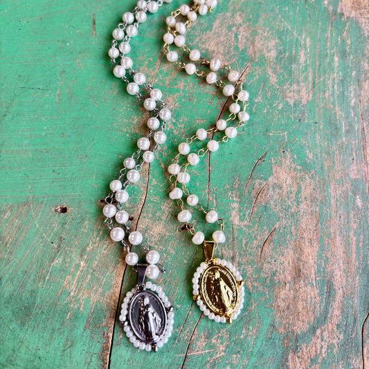 Pearl Miraculous Medal Necklace