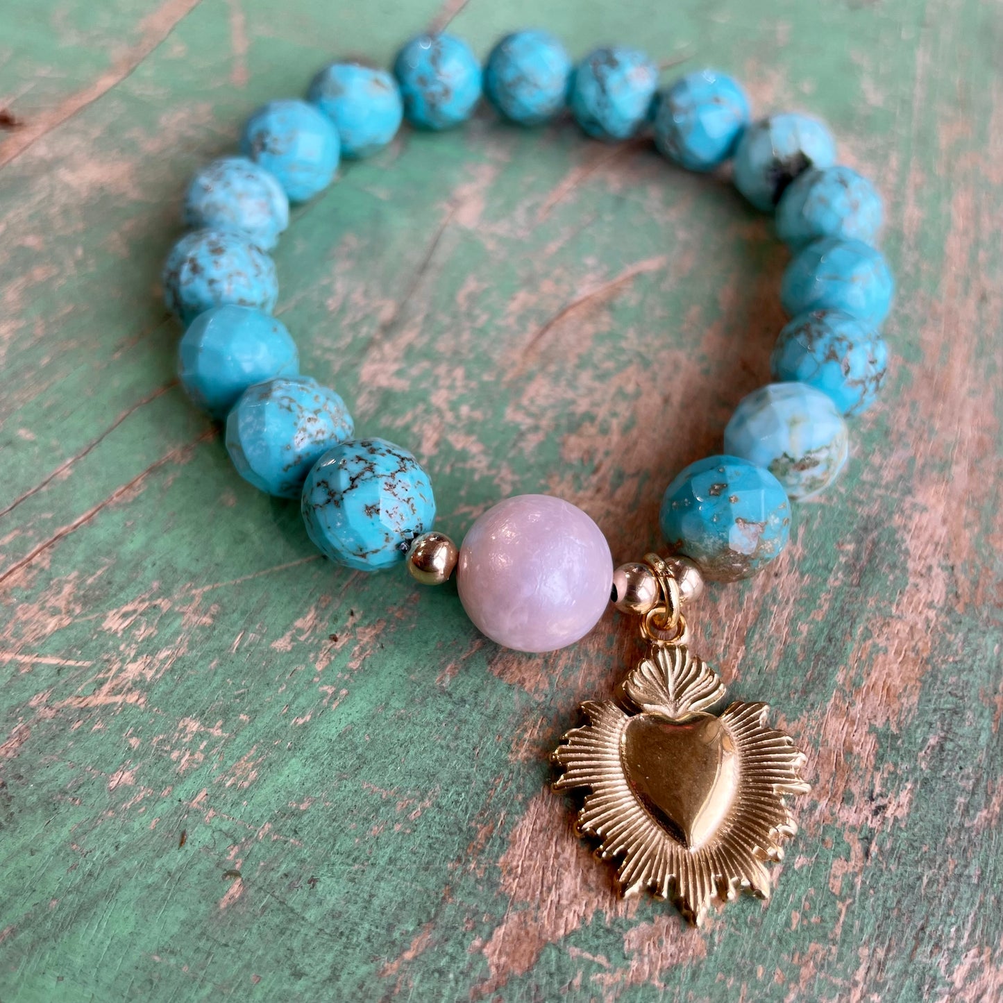 Turquoise and Pearl Sacred Heart Bracelet or Earrings