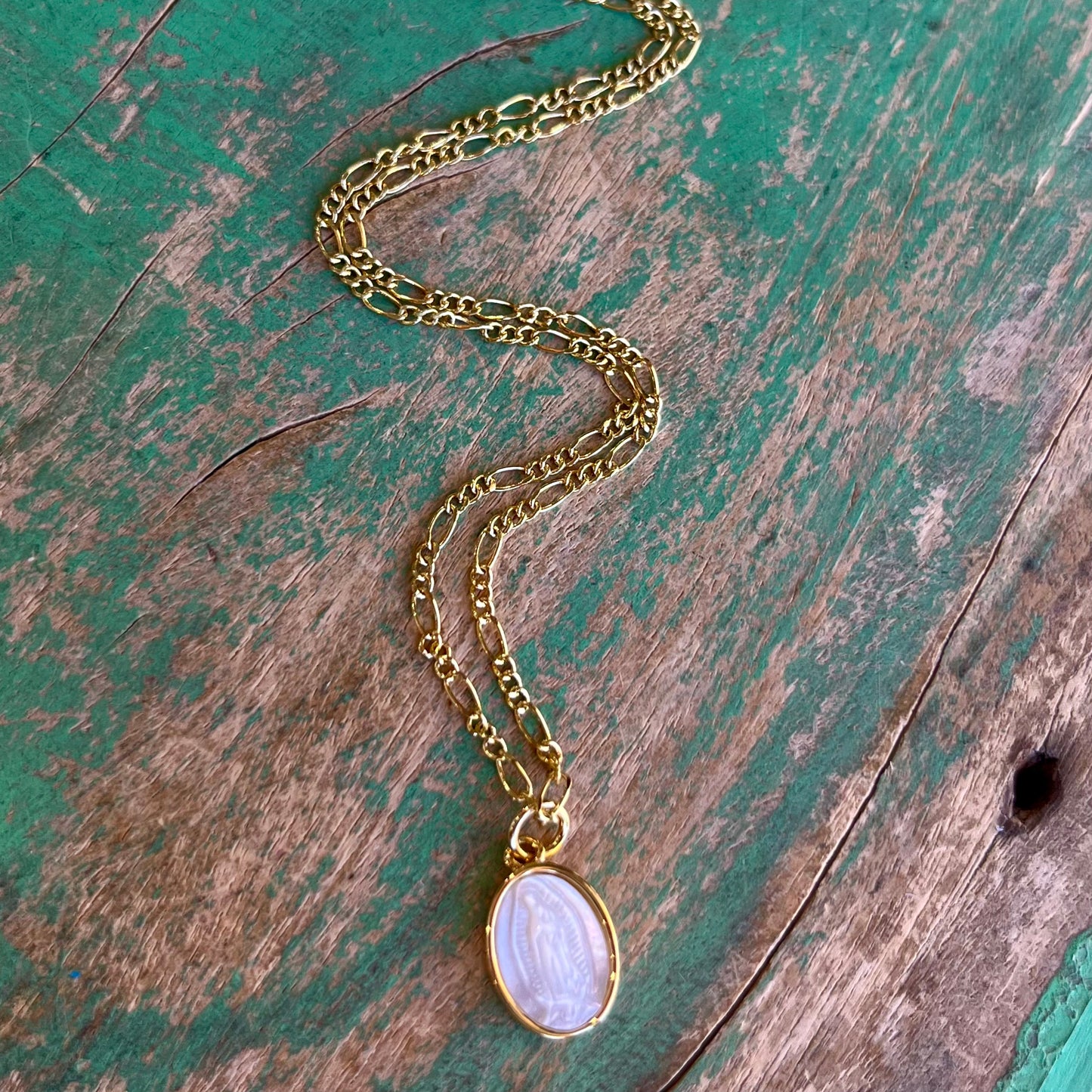 Figaro Chain with Mother of Pearl Our Lady of Grace Necklace