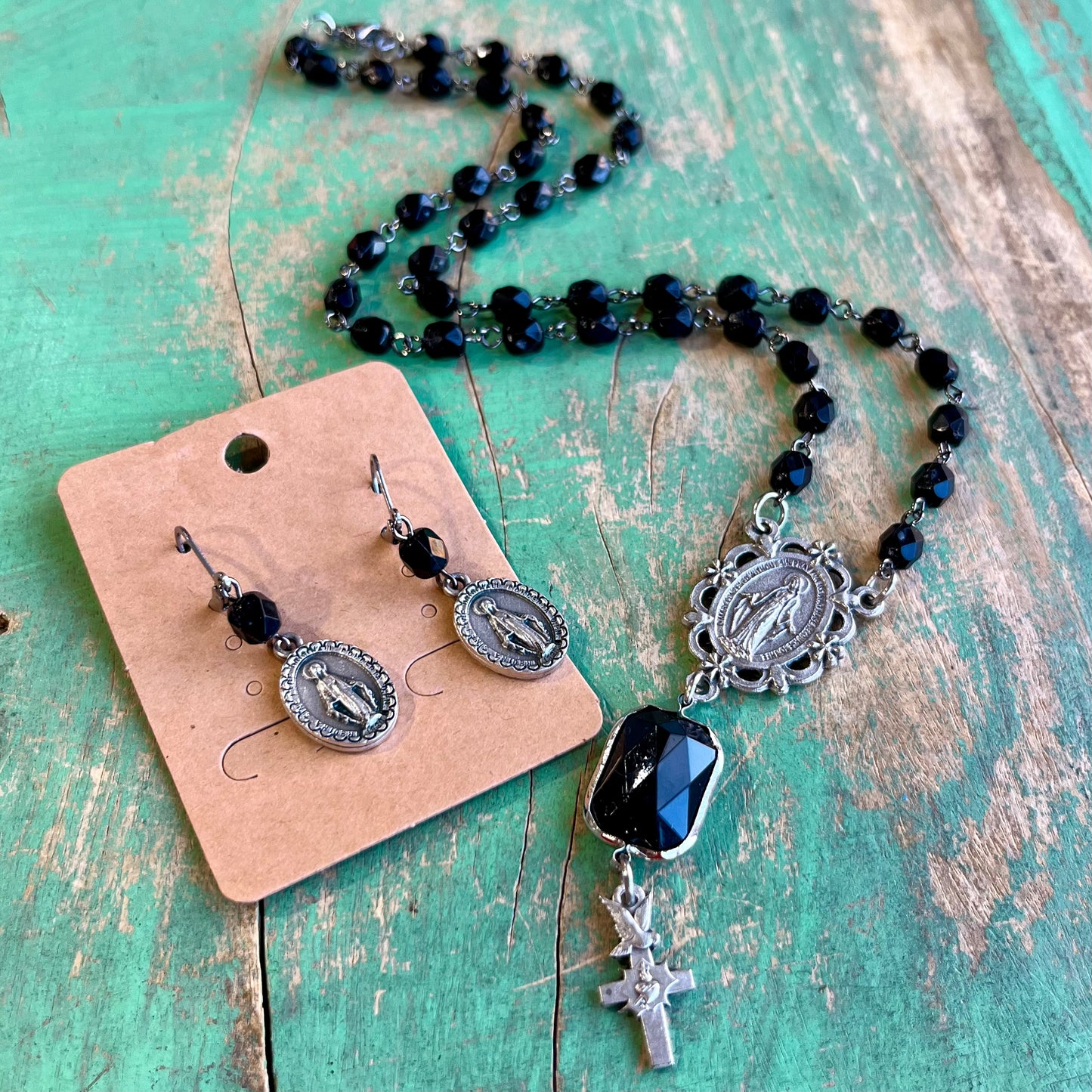 Fancy Miraculous Medal Drop Necklace or Earrings