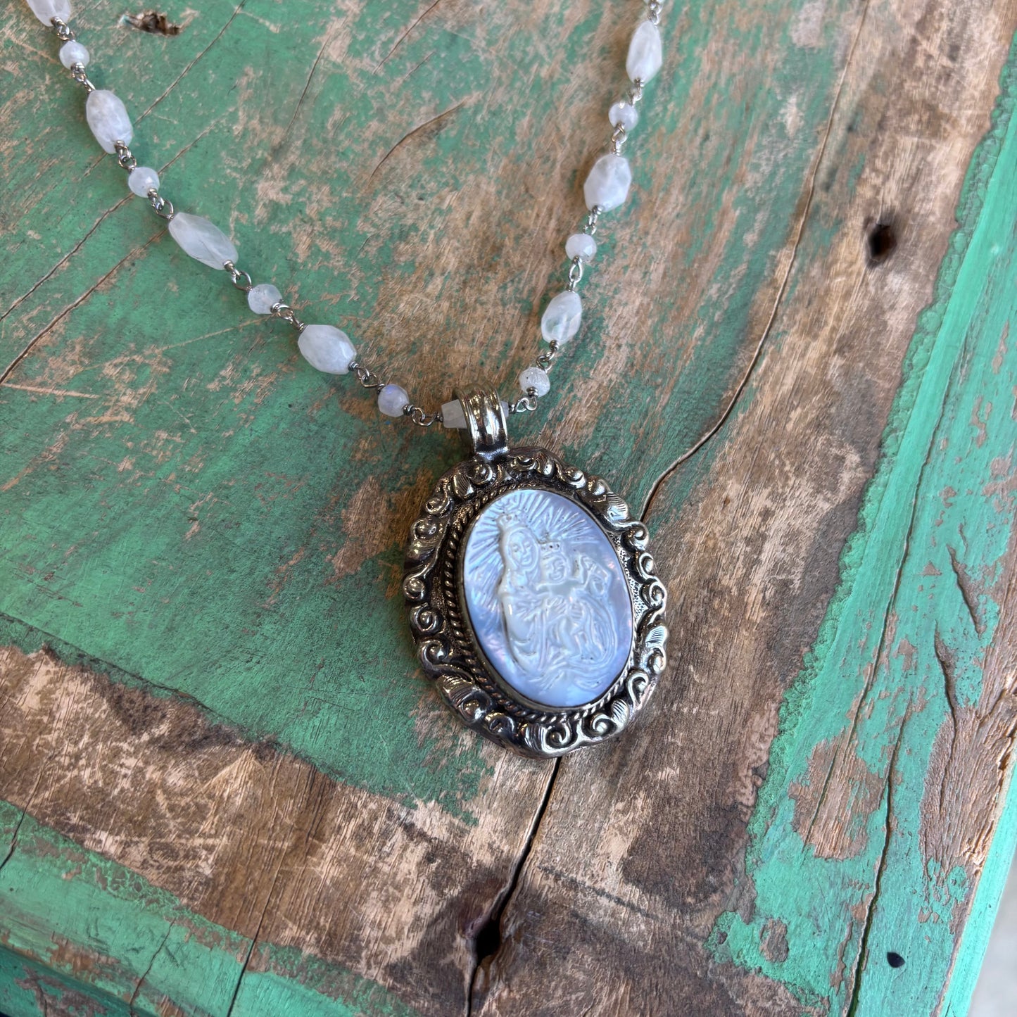 Our Lady of Mt Carmel Mother of  Pearl Necklace or Pendant