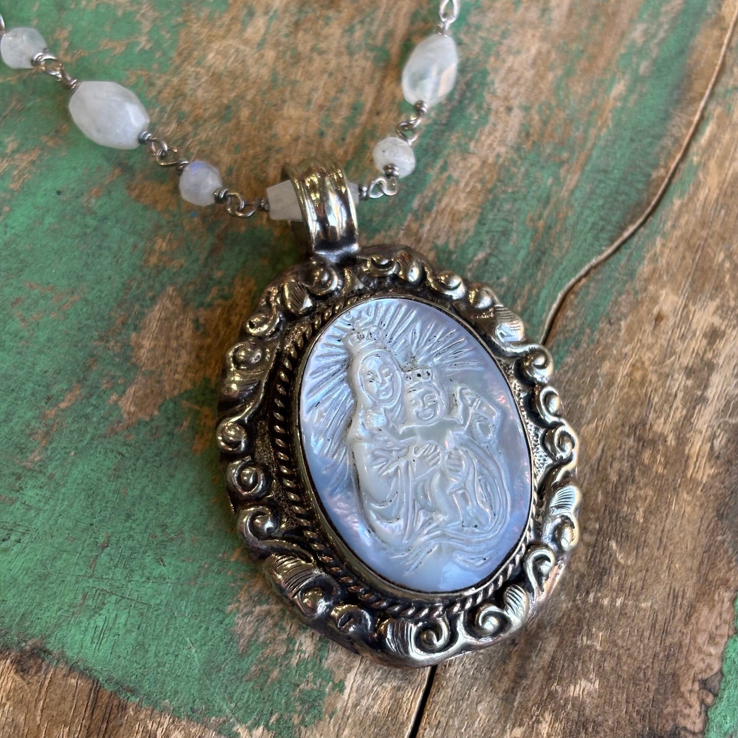 Our Lady of Mt Carmel Mother of  Pearl Necklace or Pendant