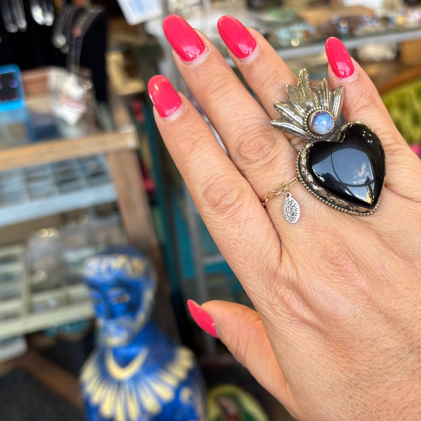 Black Onyx Flaming Sacred Heart Adjustable Ring