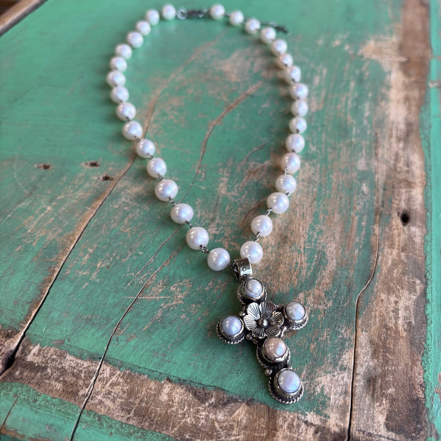 Freshwater Pearl Flower Cross Necklace