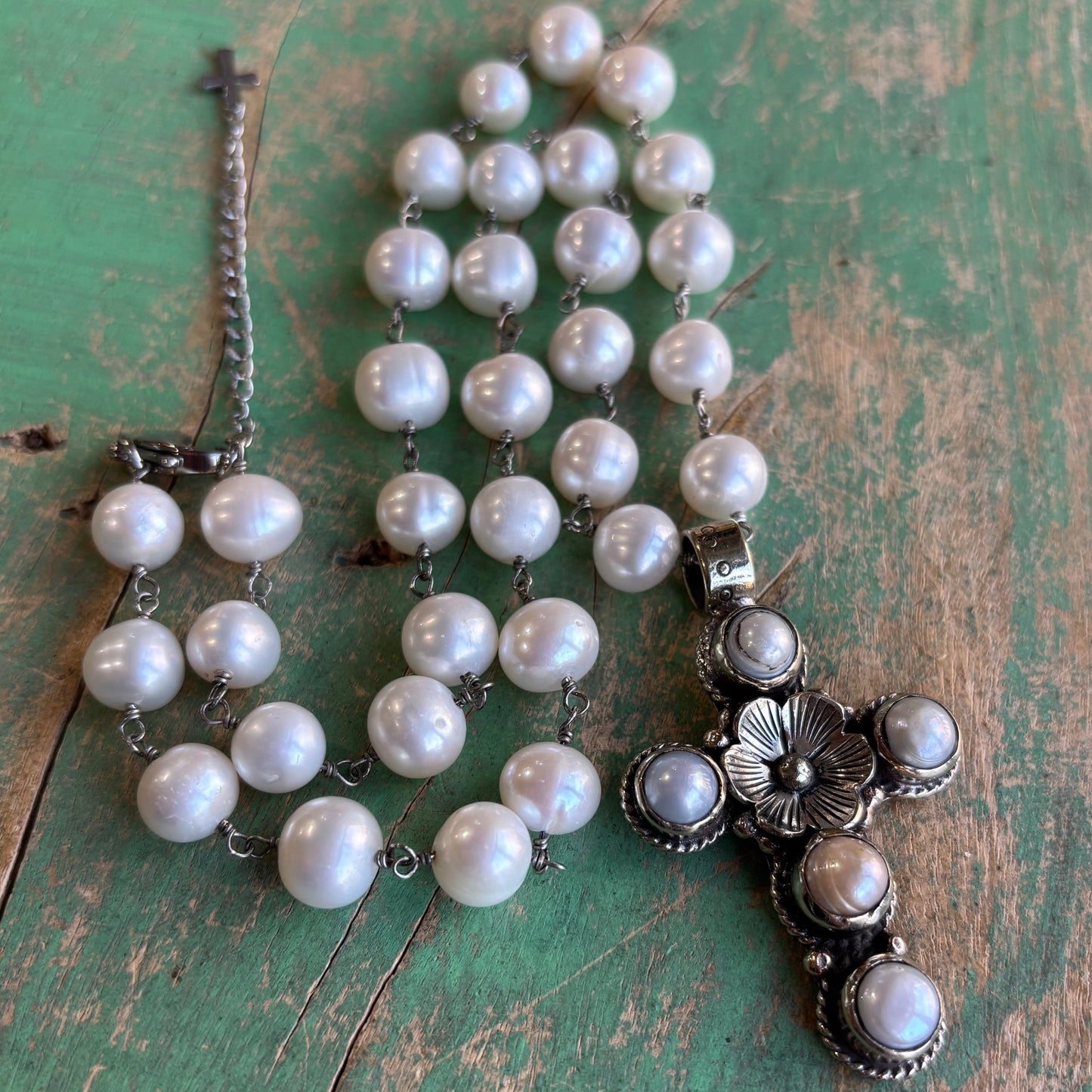 Freshwater Pearl Flower Cross Necklace