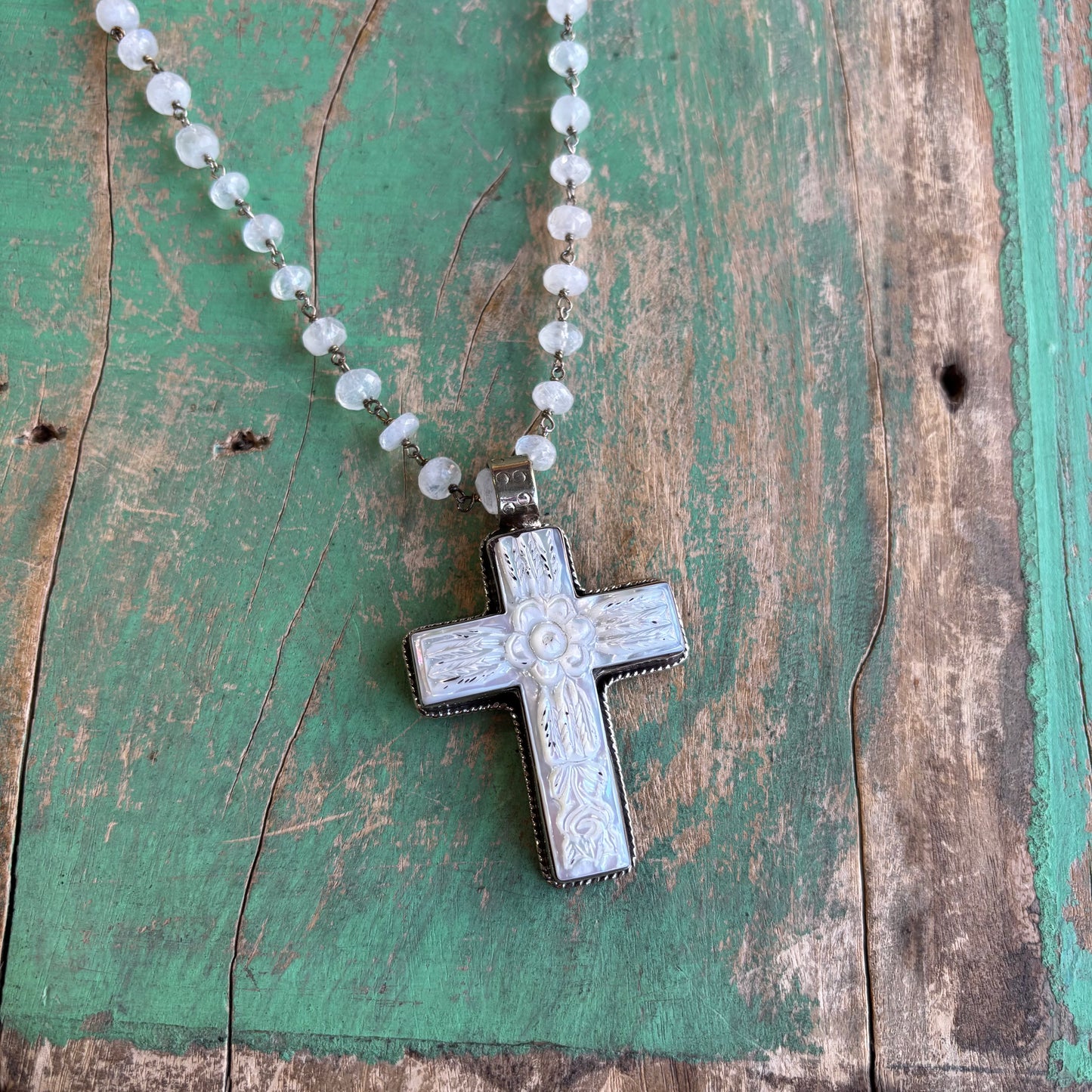 Mother of Pearl Flower Cross Shell Necklace or Pendant