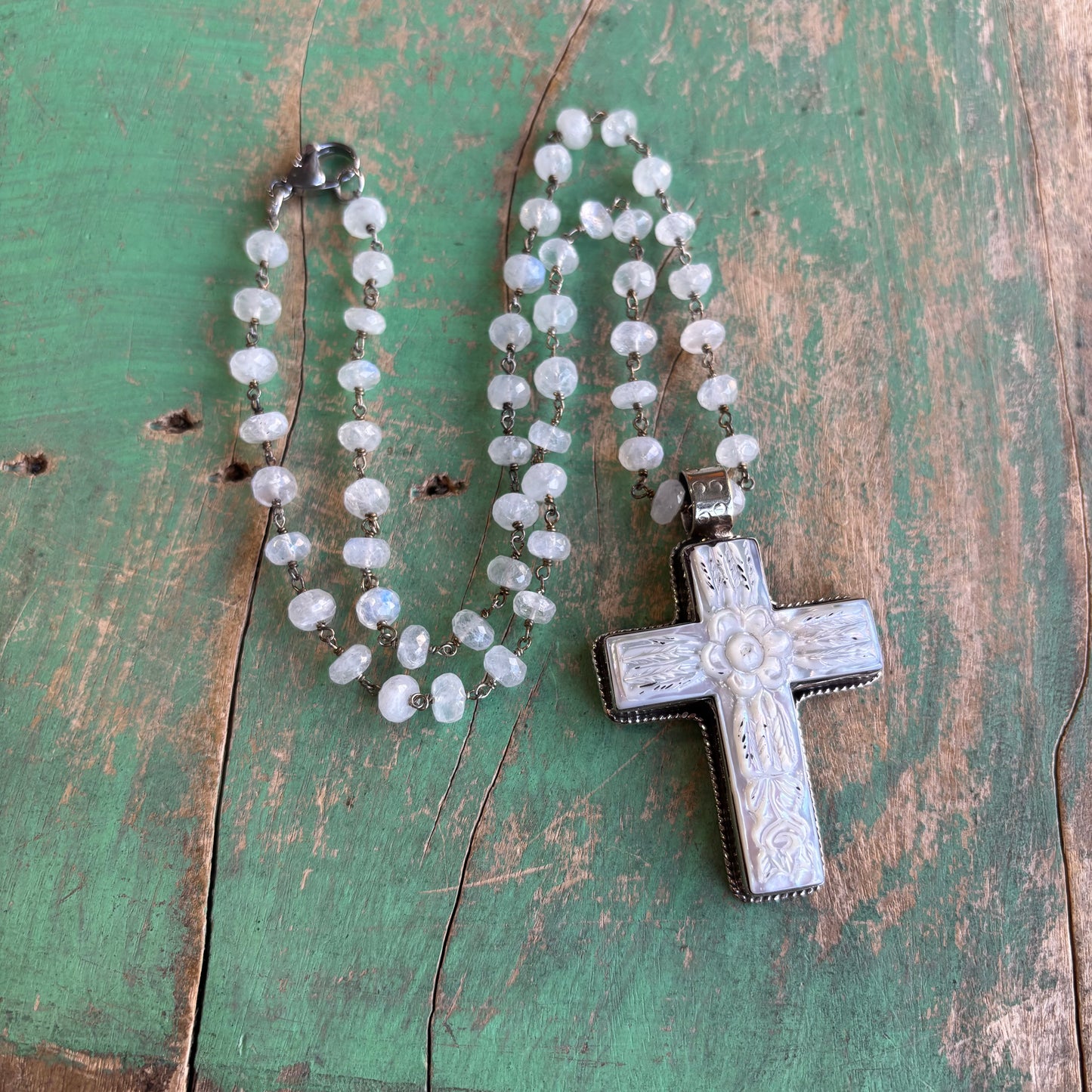 Mother of Pearl Flower Cross Shell Necklace or Pendant