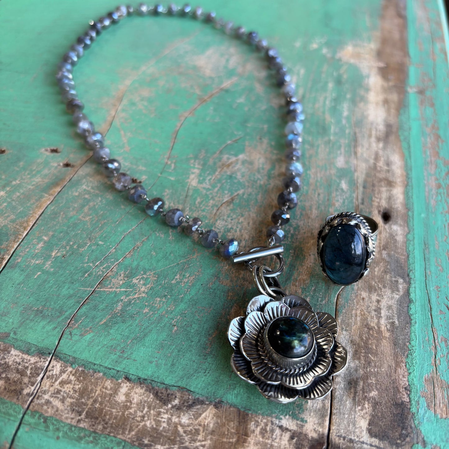 Blooming Labradorite  Flower Necklace or Ring