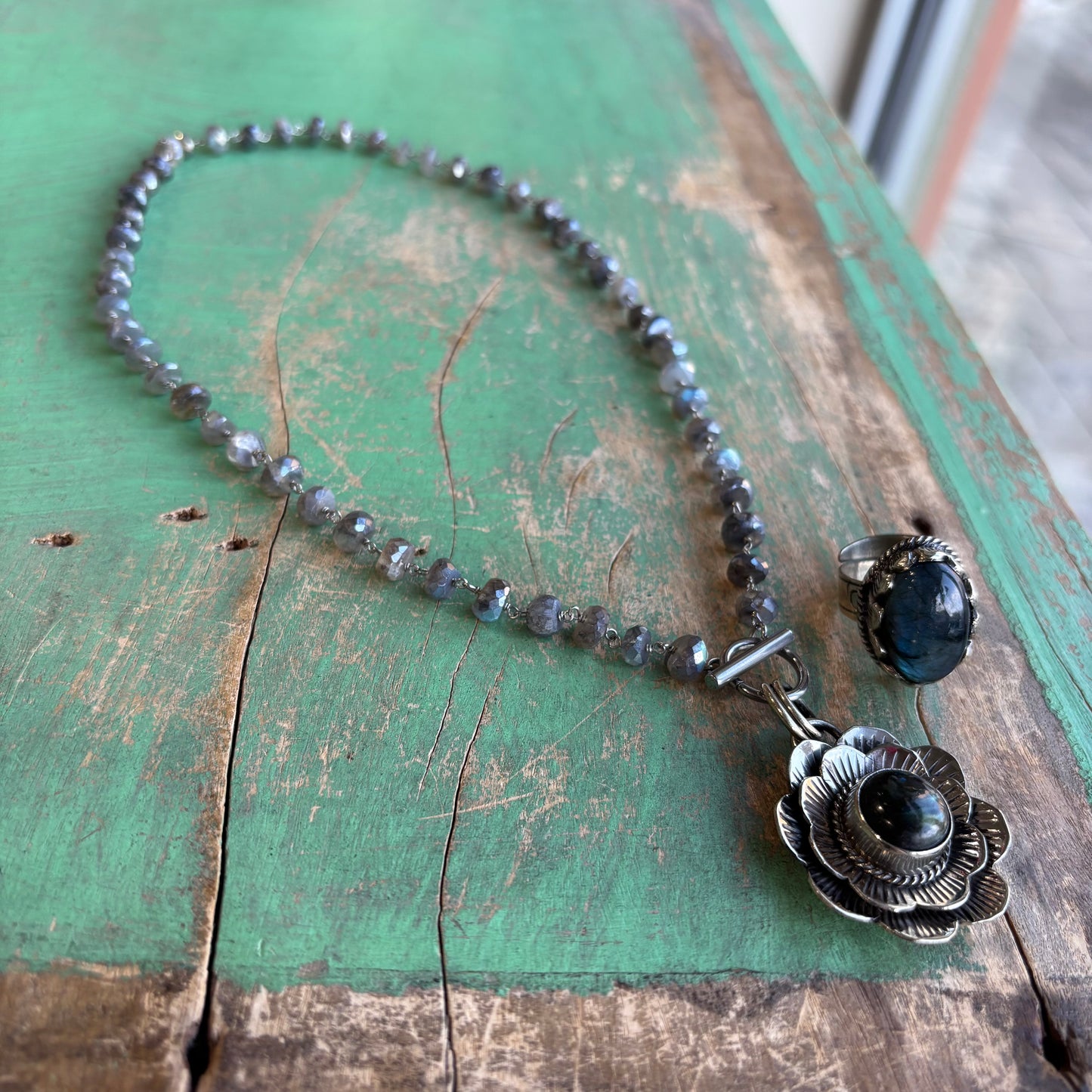 Blooming Labradorite  Flower Necklace or Ring