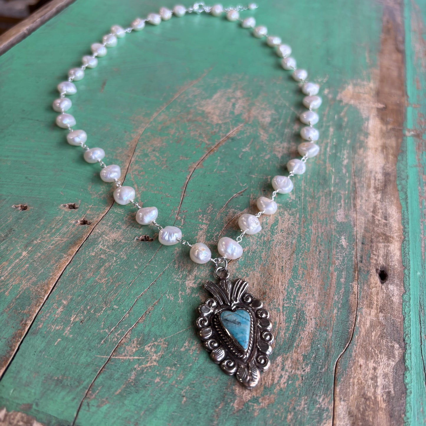 Freshwater Pearl Turquoise Sacred Heart Necklace or Earrings