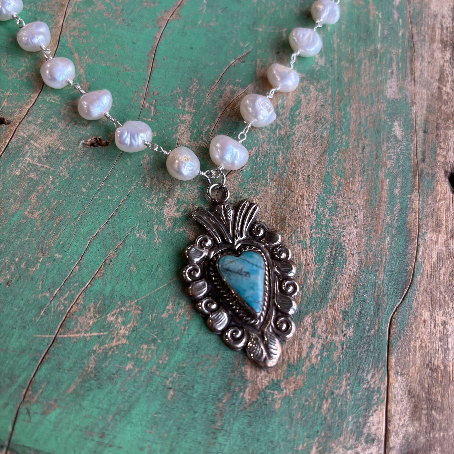 Freshwater Pearl Turquoise Sacred Heart Necklace or Earrings