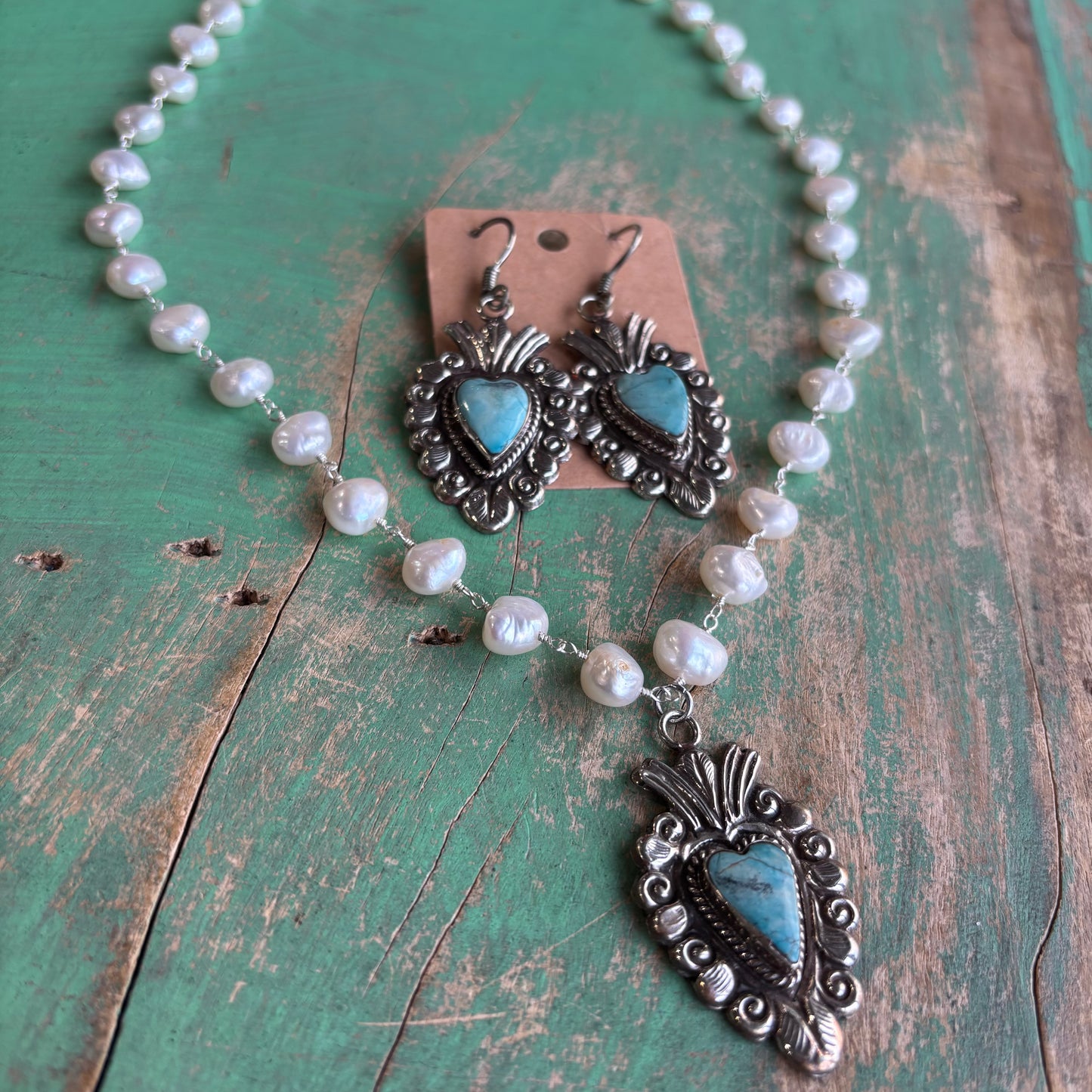 Freshwater Pearl Turquoise Sacred Heart Necklace or Earrings