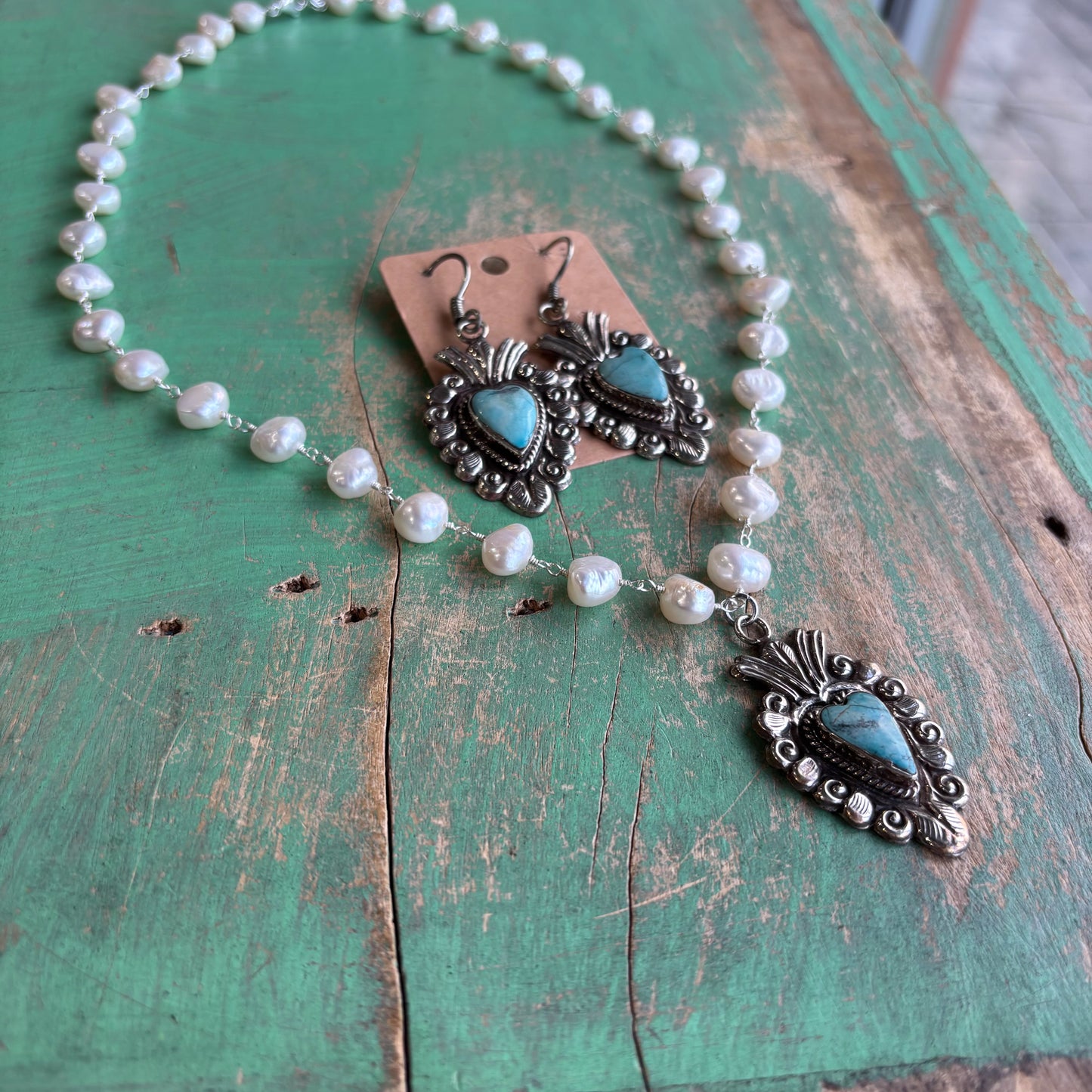 Freshwater Pearl Turquoise Sacred Heart Necklace or Earrings