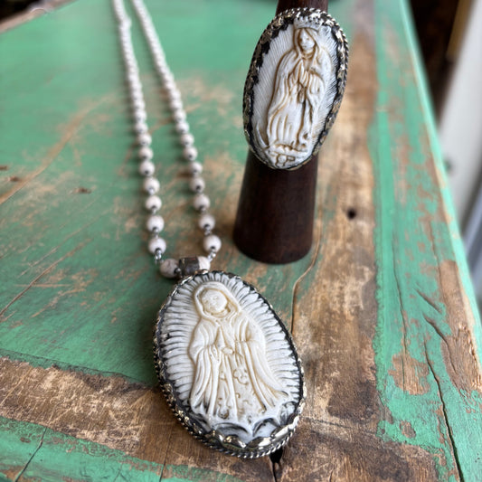 Beige Virgencita Long Chain Necklace or Ring