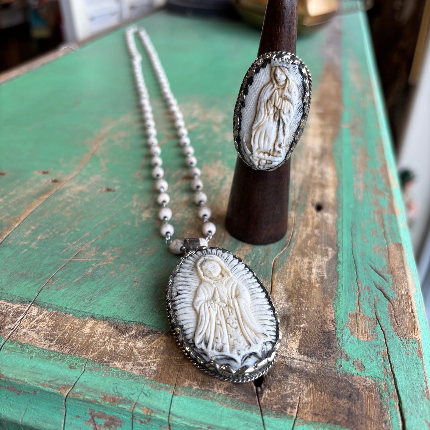 Beige Virgencita Long Chain Necklace or Ring