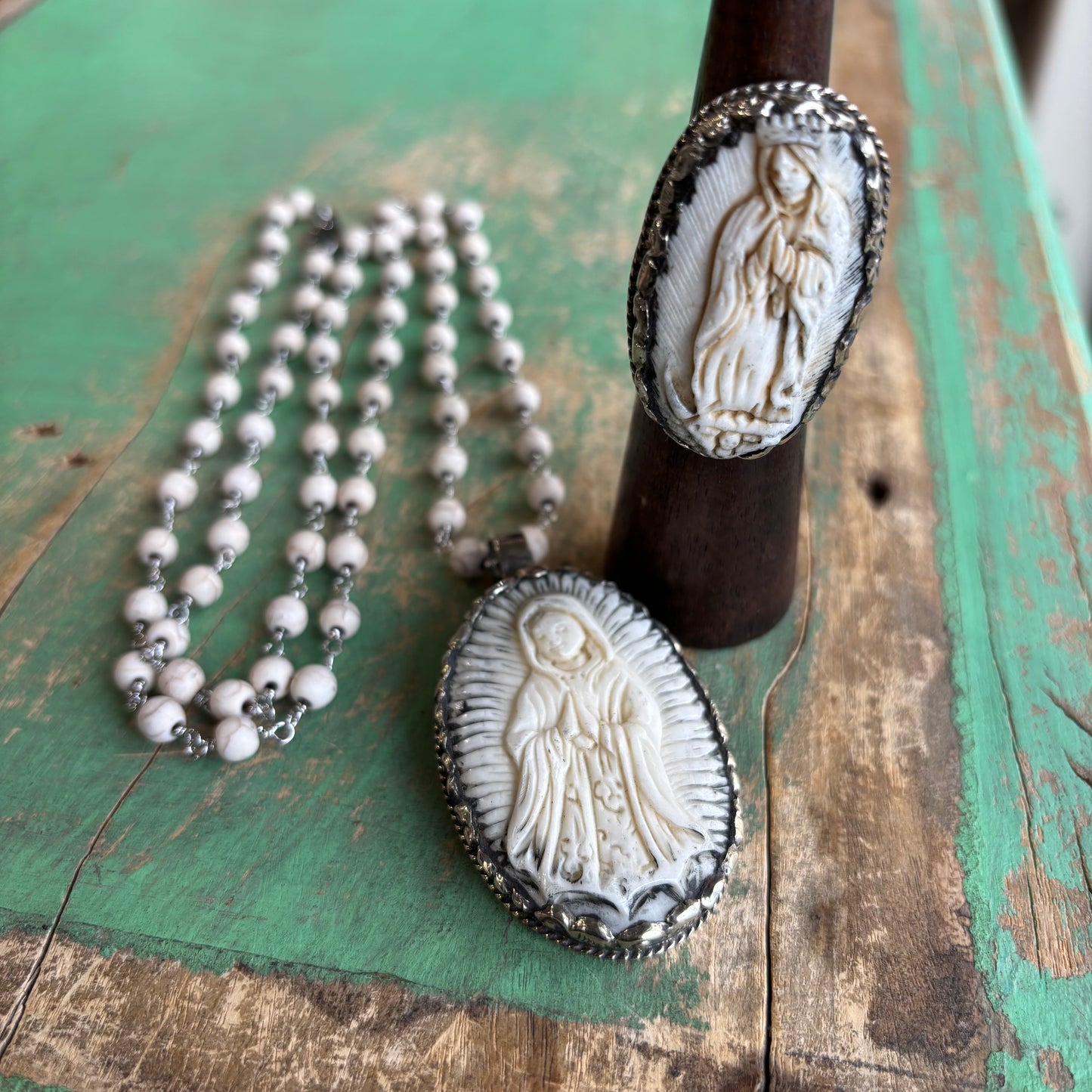 Beige Virgencita Long Chain Necklace or Ring