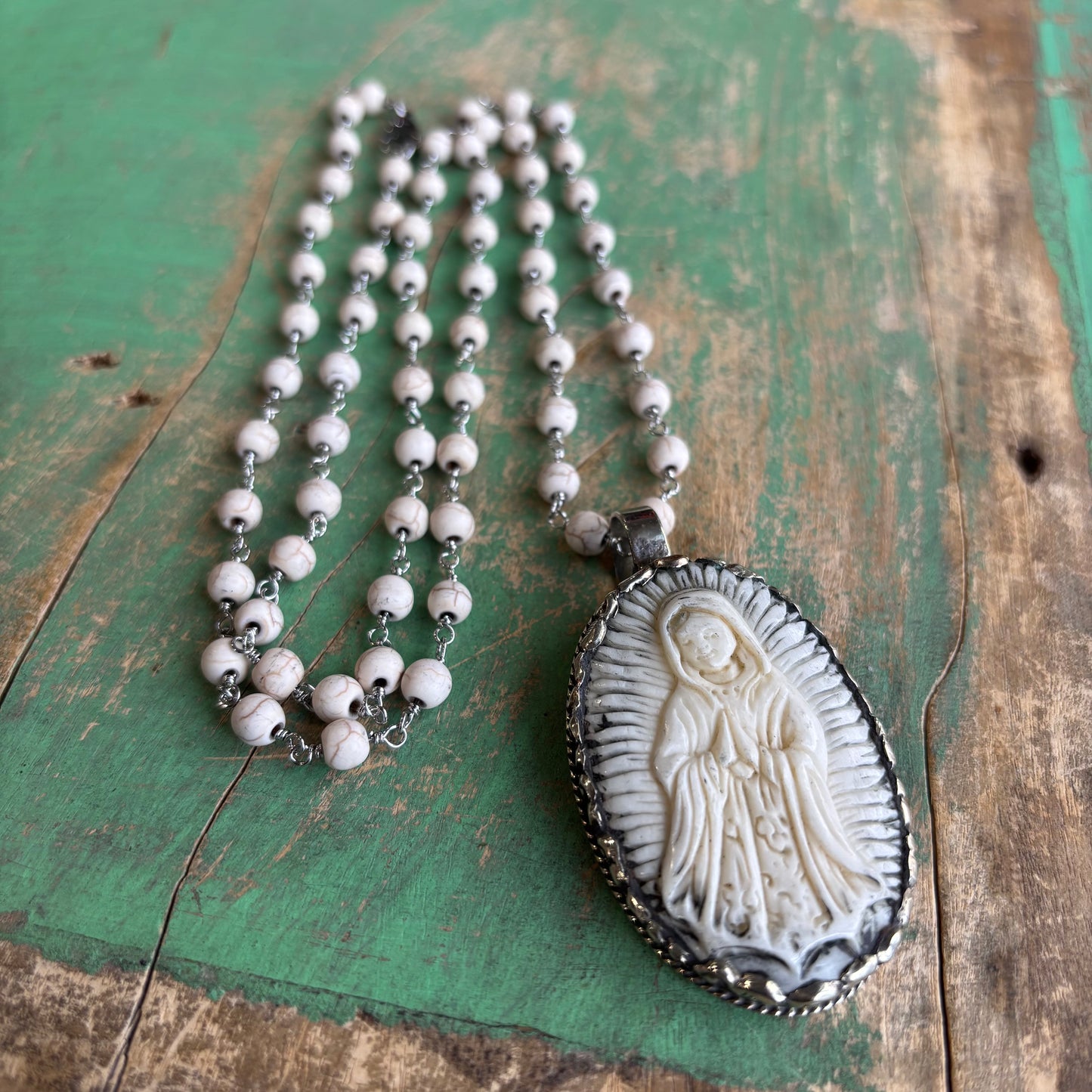 Beige Virgencita Long Chain Necklace or Ring