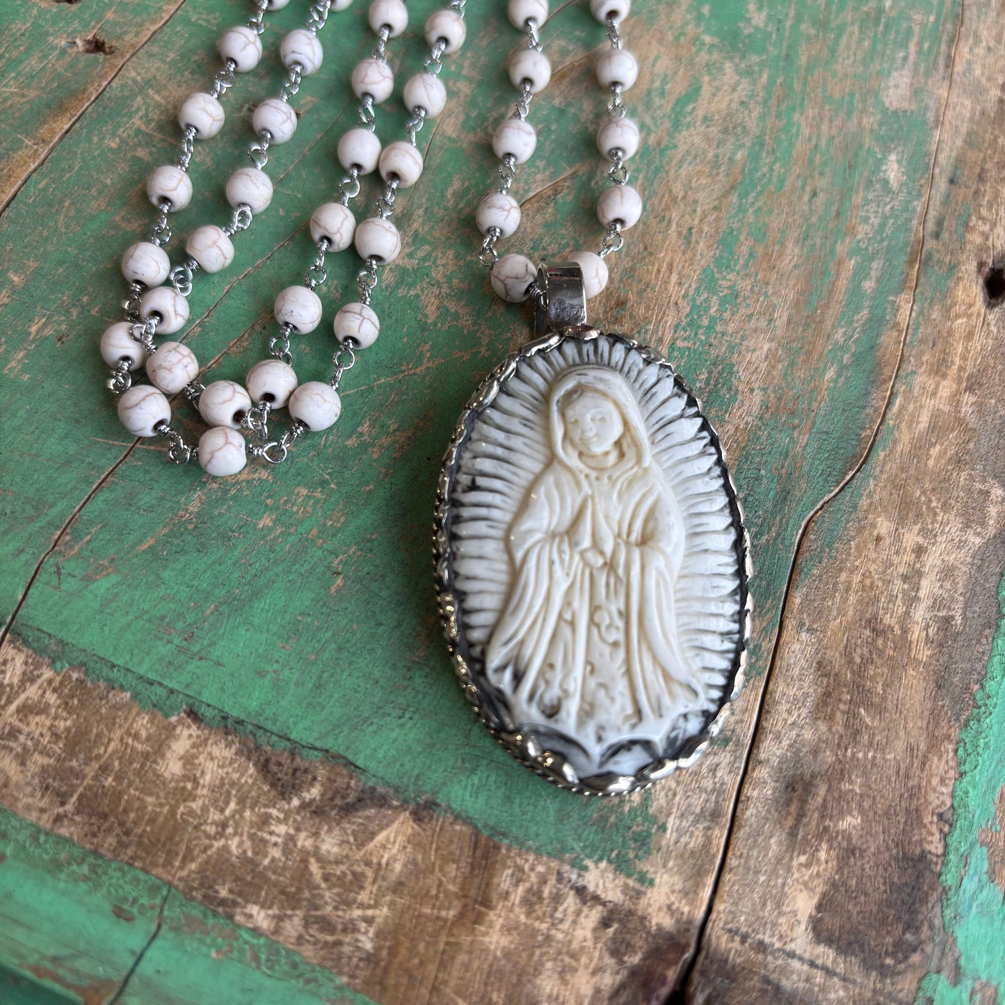 Beige Virgencita Long Chain Necklace or Ring