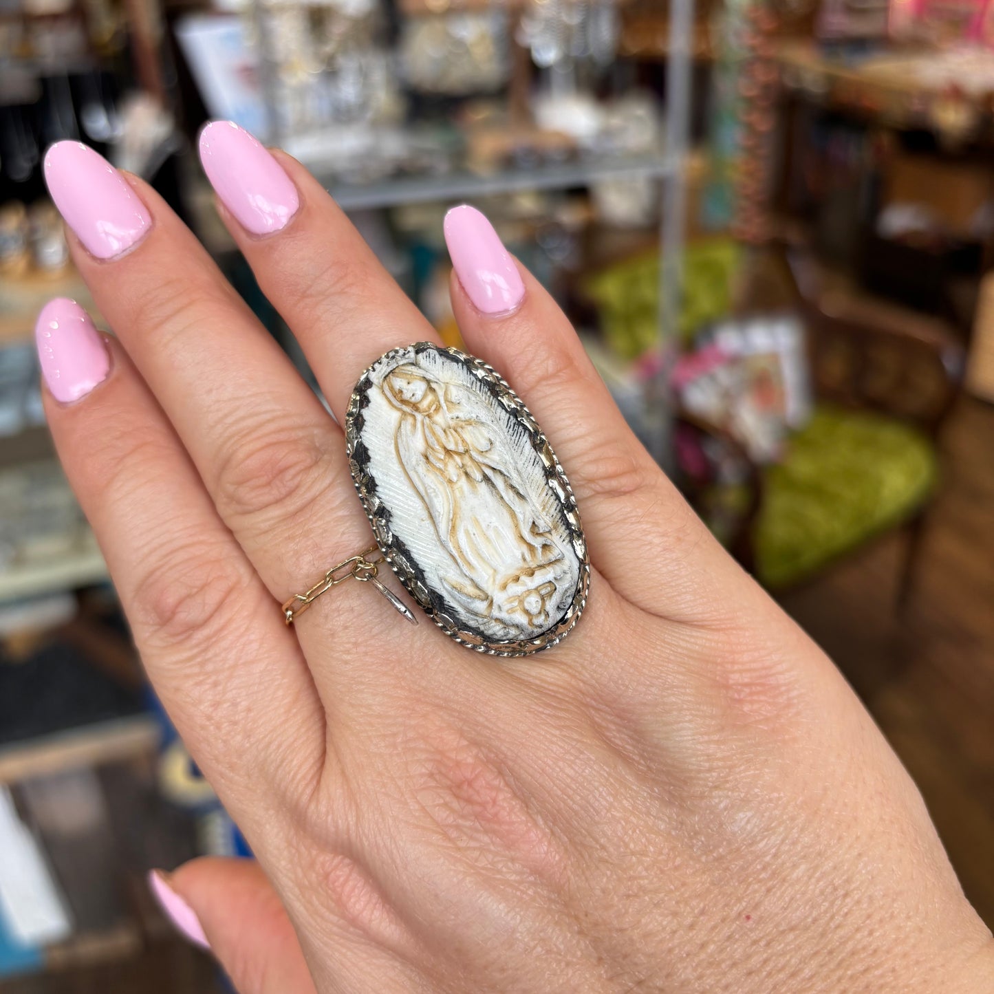 Beige Virgencita Long Chain Necklace or Ring