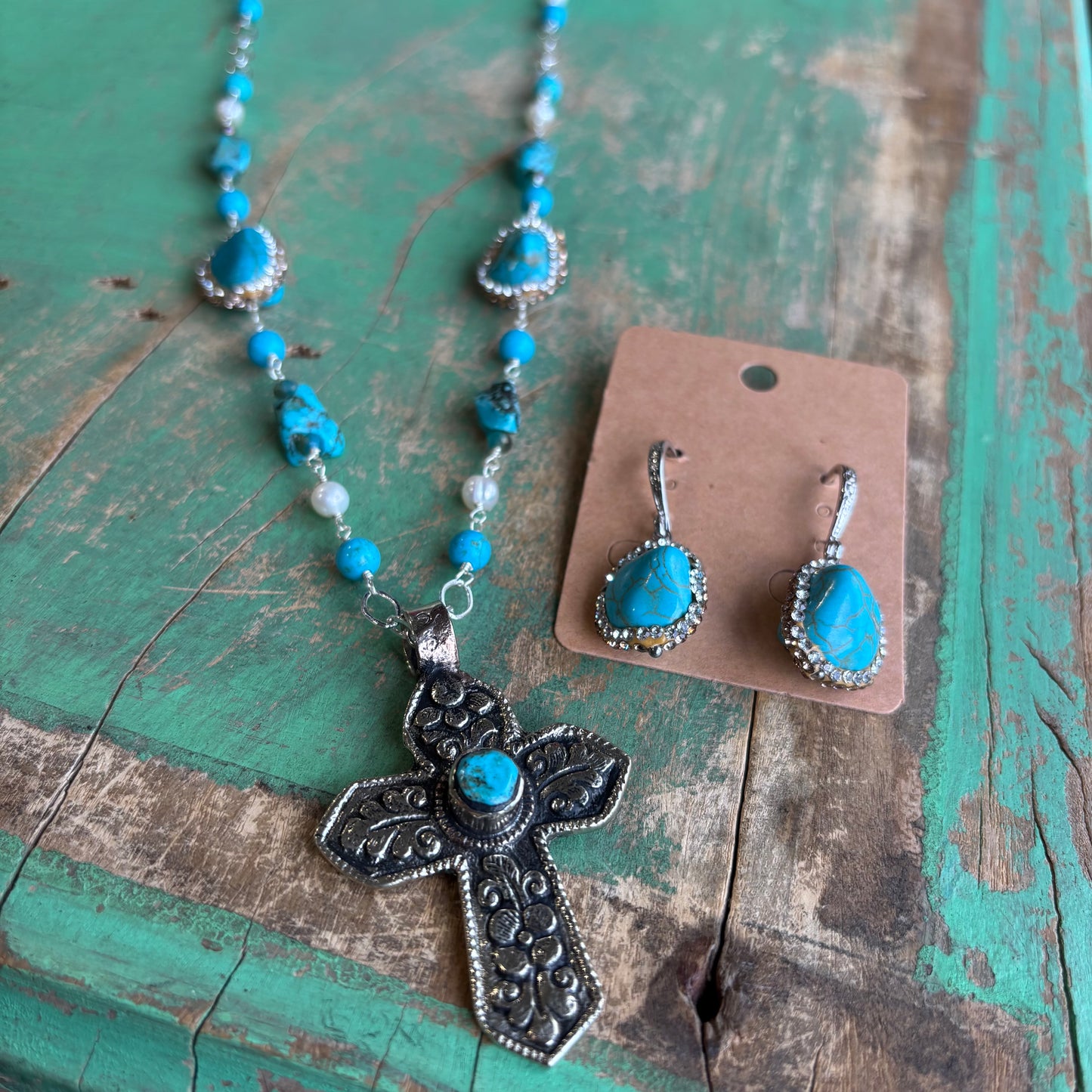 Turquoise Sparkle Cross Necklace or Earrings