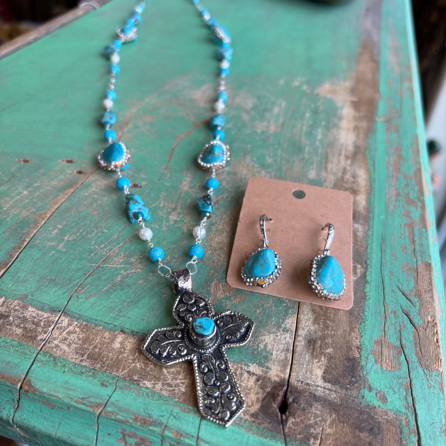 Turquoise Sparkle Cross Necklace or Earrings